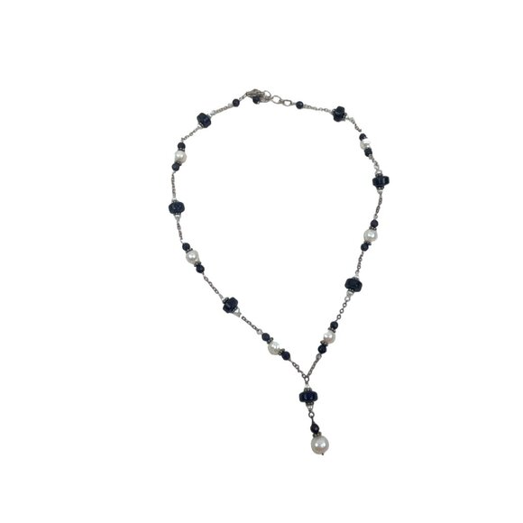 Elegant Pearl and Black Blue Goldstone Beaded Necklace With Silver Chain - Picture 5 of 8